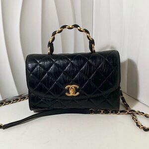 CHANEL Handle Flap Bag Black Aged Calfskin with Gold Hardware